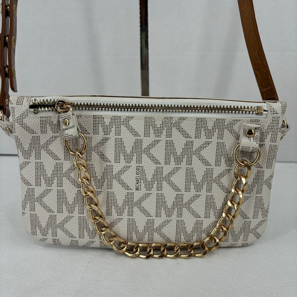 Michael Kors Belt Bag Chain Zip White Signature Logo Faux Leather Size L Belt - Picture 3 of 12